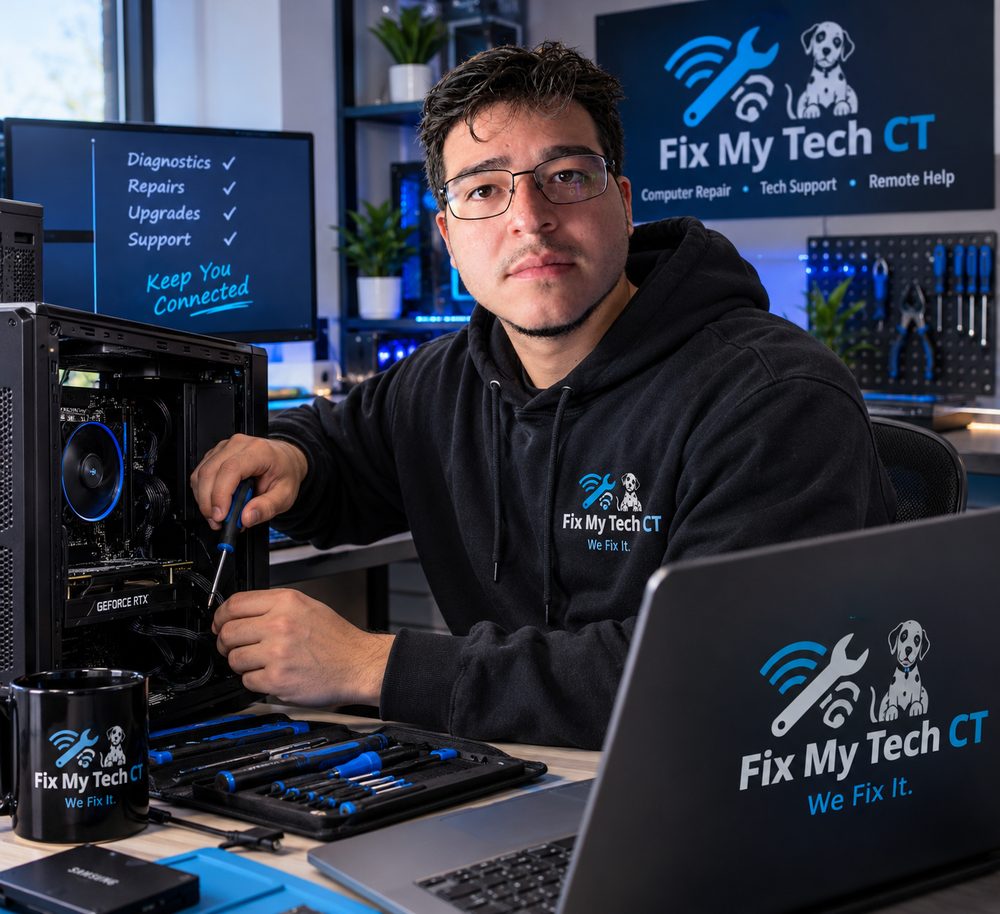 Dan, owner of Fix My Tech CT, repairing a desktop PC